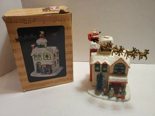 Vintage Enesco Christmas Flying Santa Sleigh With Reindeer Action Music Box Rare