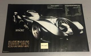 1989 Vintage Batman The Movie Batmobile Poster 23 X 34 Inches Authentic