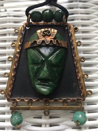 Rare Casa Maya Mexico Brass Copper Necklace Jade Stone Large Aztec Style Face