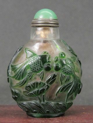 Chinese Goldfish Mandarin Duck Carved Peking Overlay Glass Snuff Bottle