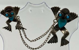 RARE FRED HARVEY ERA NAVAJO VINTAGE STERLING SILVER TURQUOISE FROG PIN BROOCHES 2