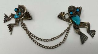 RARE FRED HARVEY ERA NAVAJO VINTAGE STERLING SILVER TURQUOISE FROG PIN BROOCHES 3