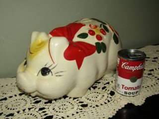 Vintage Usa Hull Large Piggy Bank Red Bow & Flowers 13 " Rare Size