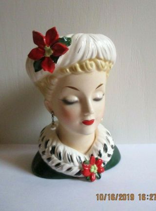 Vintage Christmas Lady Headvase Head Vase Planter 1961 Inarco E 195 - A Rare