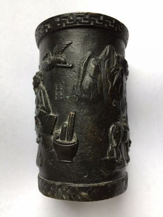 Antique Chinese bronze scholars brush pot signed with calligraphy 2