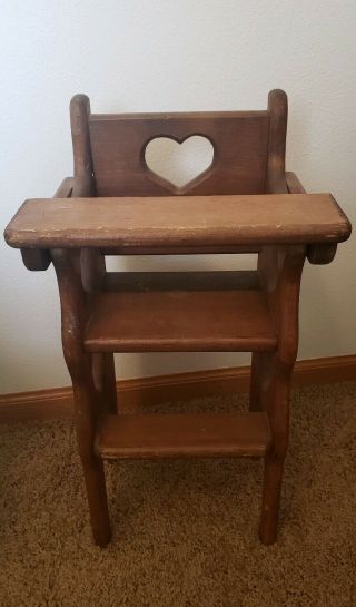 Vintage Doll Plush High Chair Solid Wood Heart Movable Tray 21 " Tall Antique