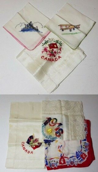 6 Antique Wwi Handkerchiefs - Silk Lace Souvenir De France 1918,  Canada Etc