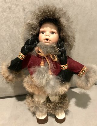 Vintage Alaskan Eskimo Porcelain Doll W Fur Trimmed Parka/boots On Stand 10”h