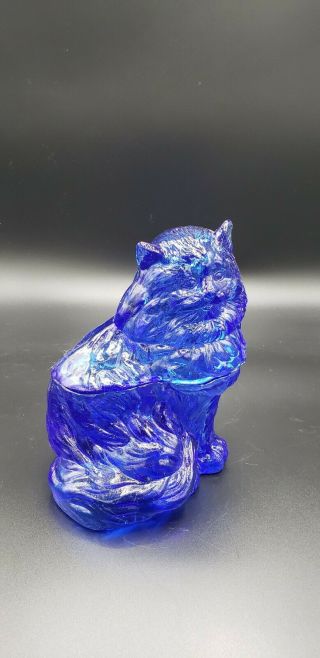 Vintage Cobalt Blue Glass Cat Shaped Covered Candy Dish Is 7 1/4 " Tall,