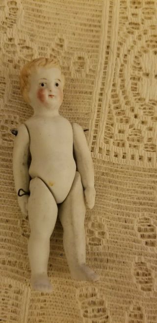 Antique All Bisque Jointed Dollhouse Doll 3 1/2 " Tall