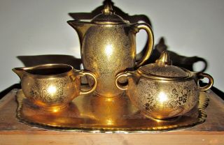 Rare Luray 6 Pc Coffee Tea Set All Gold W/ Pattern Tea Pot Sugar Creamer & Tray