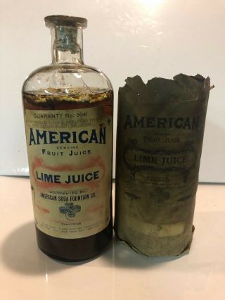 American Soda Fountain Co Lime Juice Syrup Antique Bottle Pharmacy Apothecary