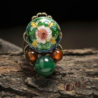 Chinese Antique Cloisonne Flower Green & Red Agate Copper Adjustable Ring
