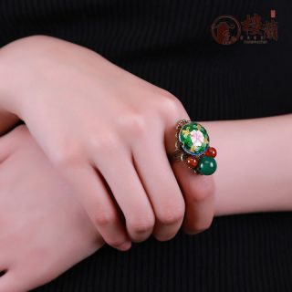 Chinese antique Cloisonne flower GREEN & RED agate copper Adjustable ring 2