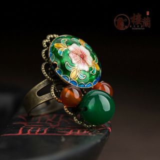 Chinese antique Cloisonne flower GREEN & RED agate copper Adjustable ring 3
