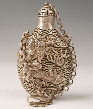 Retro Tibetan Silver Snuff Bottle Handmade Carving Dragon Statue Pendant Old
