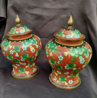 Antique Chinese Brass Enamel Overlay Vasees