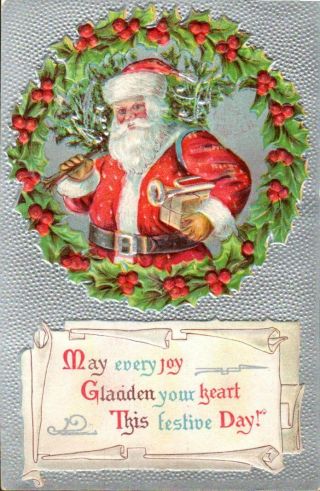 Antique Vintage Christmas Postcard Santa W/toy Trumpet Gladden Your Heart