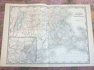 Antique 1890 Map,  Massachusetts & Rhode Island,  Vintage Atlas,  Railroad