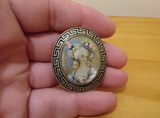 Antique Victorian French Hand Painted Brooch Young Lady