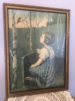 Vintage Antique Girl With Blue Bird Lithograph Print In Frame