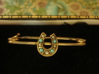 Pretty Antique Victorian:turquoise Gems & Seed Pearls; Rolled Gold Lucky Brooch