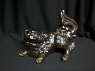 Vintage Foo Dog,  Temple Lion Figurine Brown/silver Porcelain,  Collectible Art