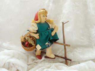 Antique Lenci Type Felt Cloth Doll Girl Gathering Flowers