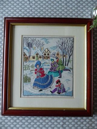 Vintage Hand Embroidered Picture - Crinoline Lady Skating/festive Scene