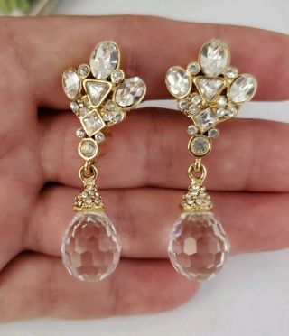 Vintage St.  John Gold tone,  Rhinestones & Crystals dangle clip on earrings RARE 2