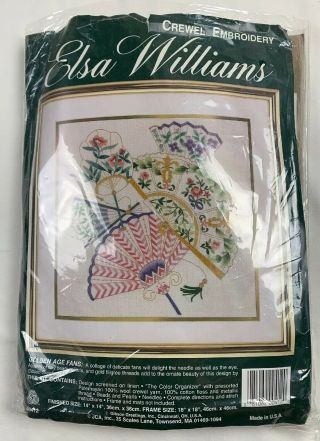 Elsa Williams Golden Age Fans Crewel Embroidery Kit 0412 Linen Rare Beads Vtg
