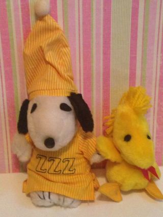Rare Vintage Snoopy Woodstock Peanuts Stuffed Plush Toys Night Gown Cap Bedtime