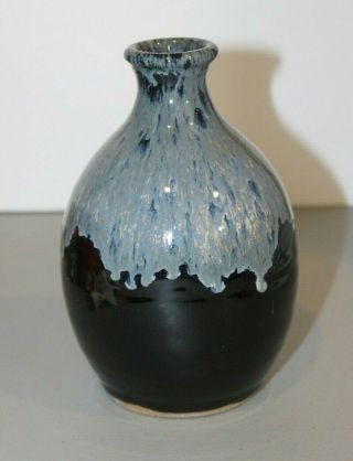 Simon Pearce Rare Early Vermont 7 " High Pottery Black Blue Drip Glaze Vase Htf