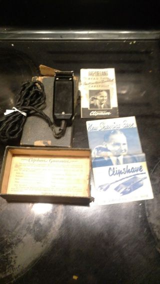 Vintage Hanley Clipshave Electric Shaver Paperwork Beat Up Box Rare