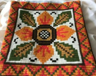 Swedish Vintage 1970s Embroidered Wool Cushion Cover,  Autumn Leaves