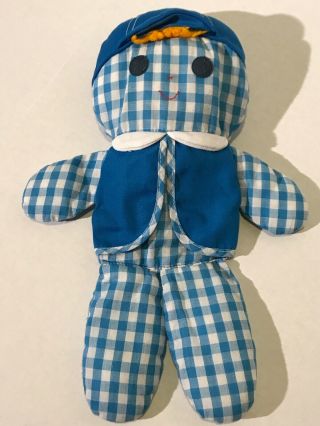 Vtg 1977 Fisher Price Cholly Blue Gingham Cloth Rattle Doll - Baby Crib Toy 419