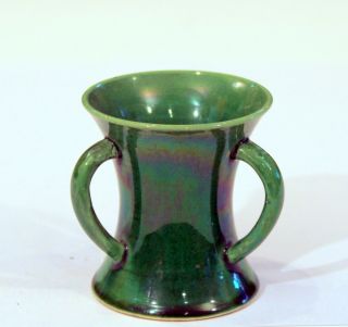 Antique Awaji Pottery Arts & Crafts Small Green Friendship 3 Handle Cup Vase