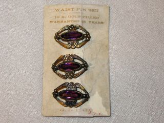 Rare Antique 18k Gold Filled 3 Waist Pin Set Amethyst Color Stone G.  L.  P.  Company