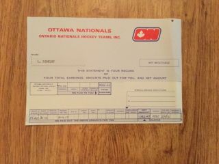 Wha Ottawa Nationals Pay Stub For Les Binkley,  1972 - 73 Season,  Unique,  Rare