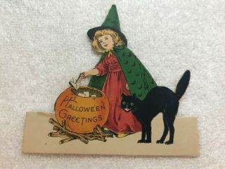 Rare Vintage Halloween 1920s Whitney Co.  Placecard Girl Witch Cat Jol 3.  5 "