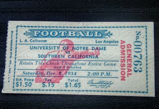 1934 Usc Vs Notre Dame Football Ticket Stub - Rare.  Greatest Rivalry.  9th Game.