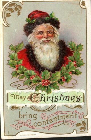 Antique Vintage Christmas Postcard Santa W/missletoe Hat Bring Contentment
