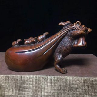 Exquisite Collect Handwork Boxwood Carving Mouse Bag Treasures Exorcism Statue