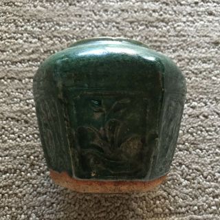 Antique Chinese Green Glaze Pottery Six Sided Paneled Ginger Jar