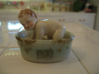 Adorable Antique Porcelain Baby Figurine Playing In A Blue Tub With Bubbles