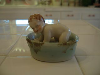 Adorable Antique Porcelain Baby Figurine Playing In A Blue Tub With Bubbles 2