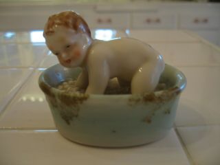 Adorable Antique Porcelain Baby Figurine Playing In A Blue Tub With Bubbles 3