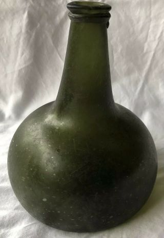 Rare 18th Century English / Dutch Onion Black Green Glass Wine Bottle,  Ca.  1730