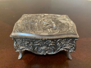 Antique Vintage Silver Metal Jewelry Box With Red Felt Lining