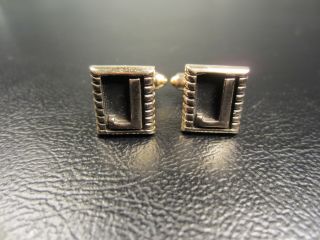 Vintage Initial " J " With Matte Black Enamel Yellow Gold Plated Cuff Links